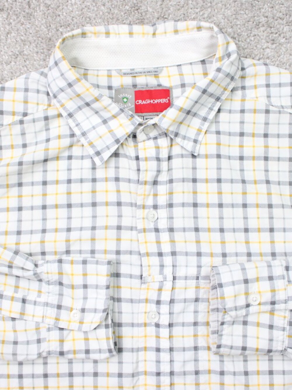 Craghoppers Shirt Men Large Gray/Yellow 100% Polyester Insect Shield Long Sleeve